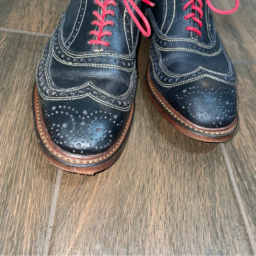 Allen Edmonds Neumok Mens Navy Leather Wingtip Oxford Shoes Red Lace 8